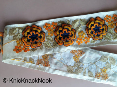 Beige Fabric Trim With Yellow, Orange, Gold And Blue Floral Embroidery